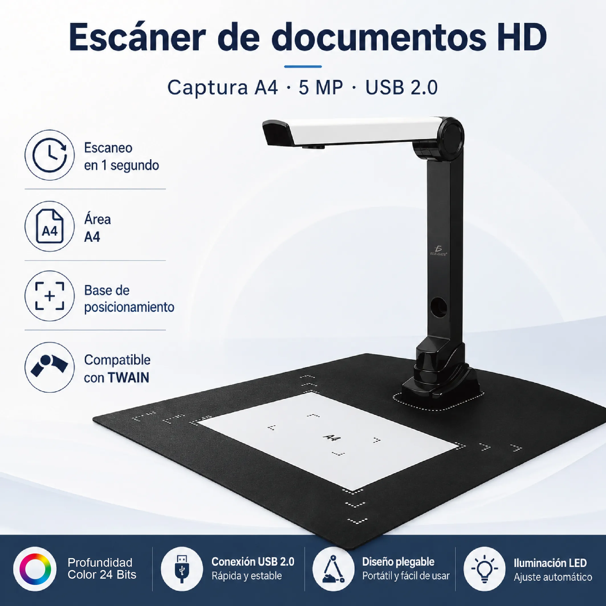 Escáner de documentos A4 HD ELE-GATE con cámara 5MP y base de posicionamiento