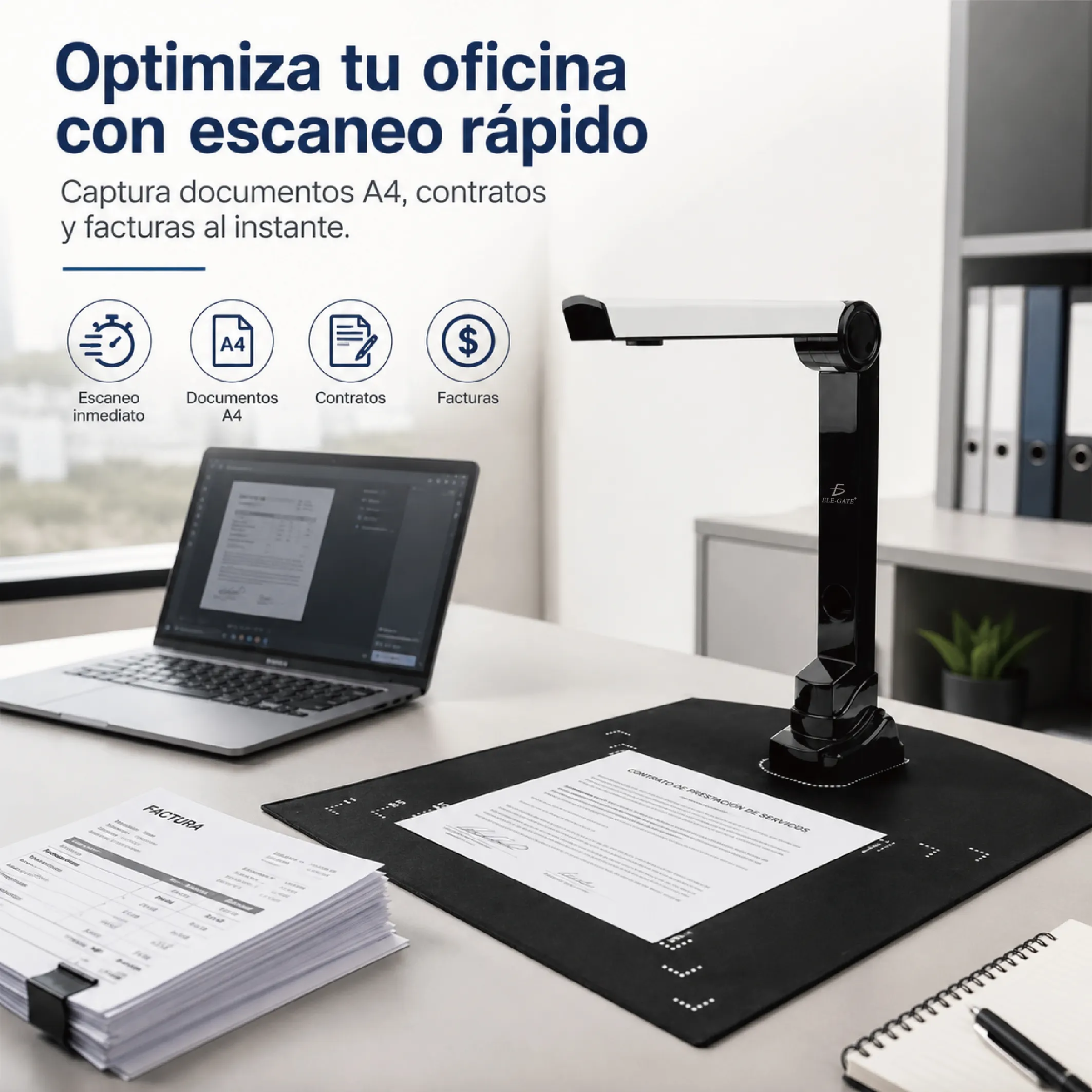 Escáner de documentos portátil con diseño plegable para escritorio