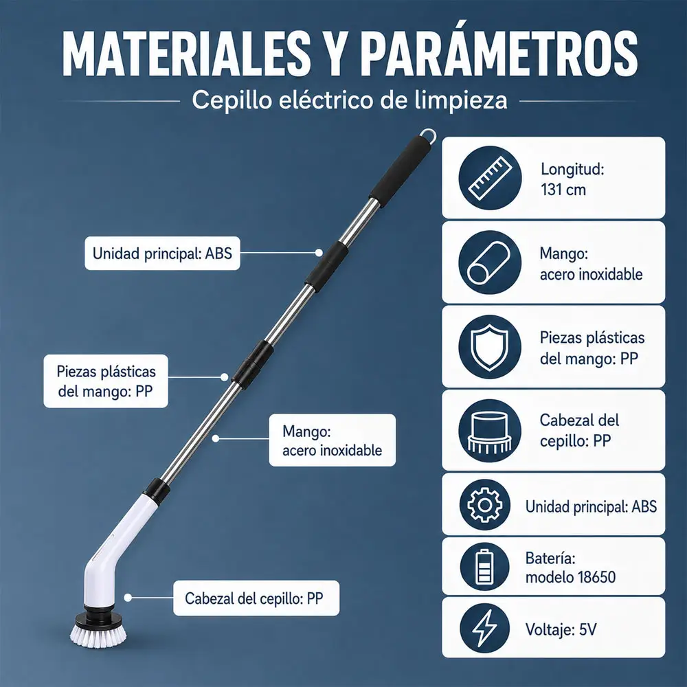 Materiales y parámetros del cepillo eléctrico de limpieza ELE-GATE