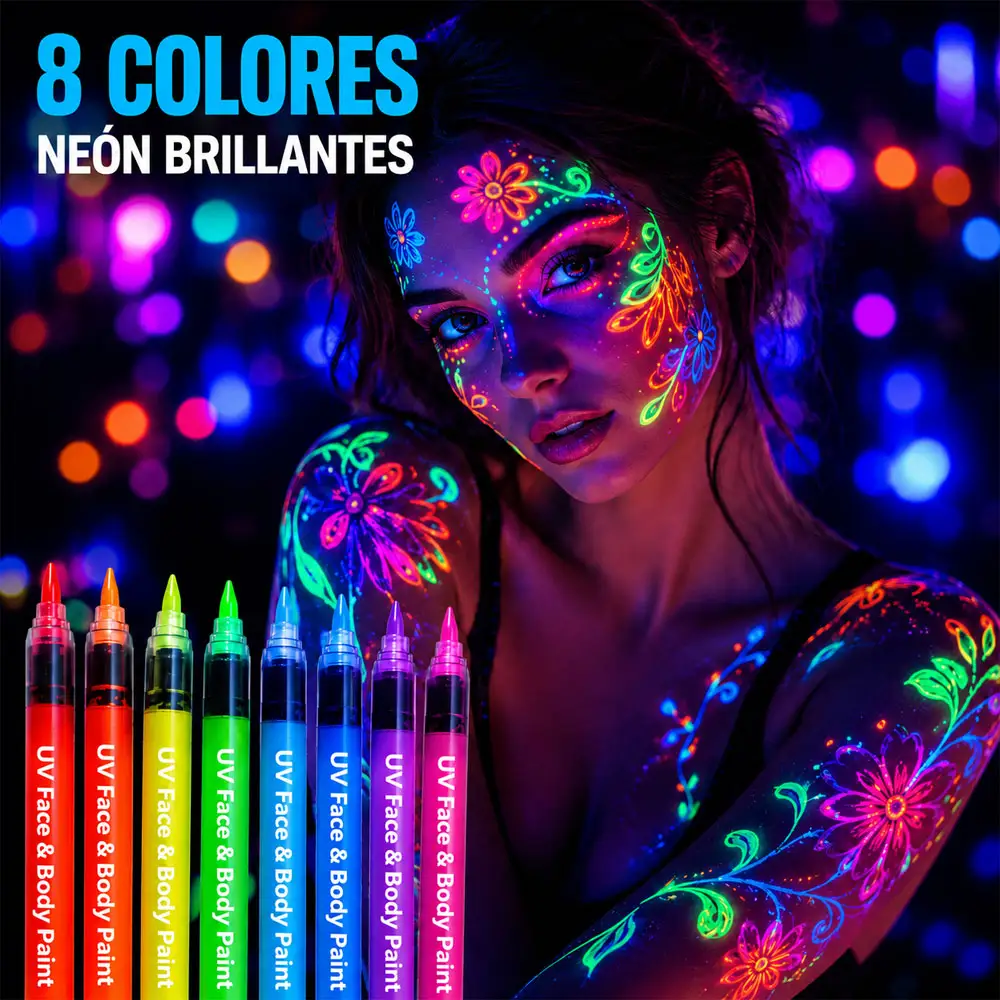 Maquillaje fluorescente creado con plumones UV neón bajo luz negra