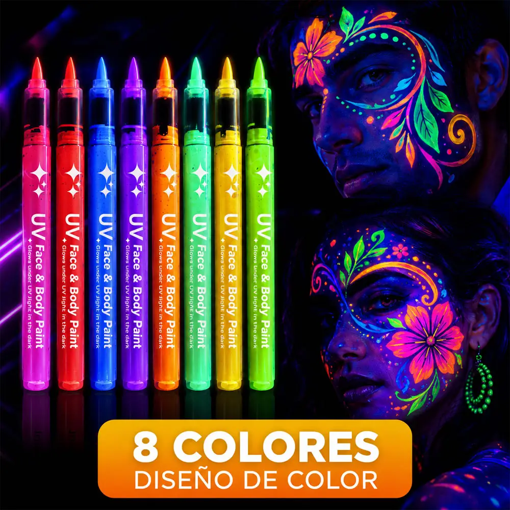 Diseños de rostro y cuerpo con 8 plumones UV neón