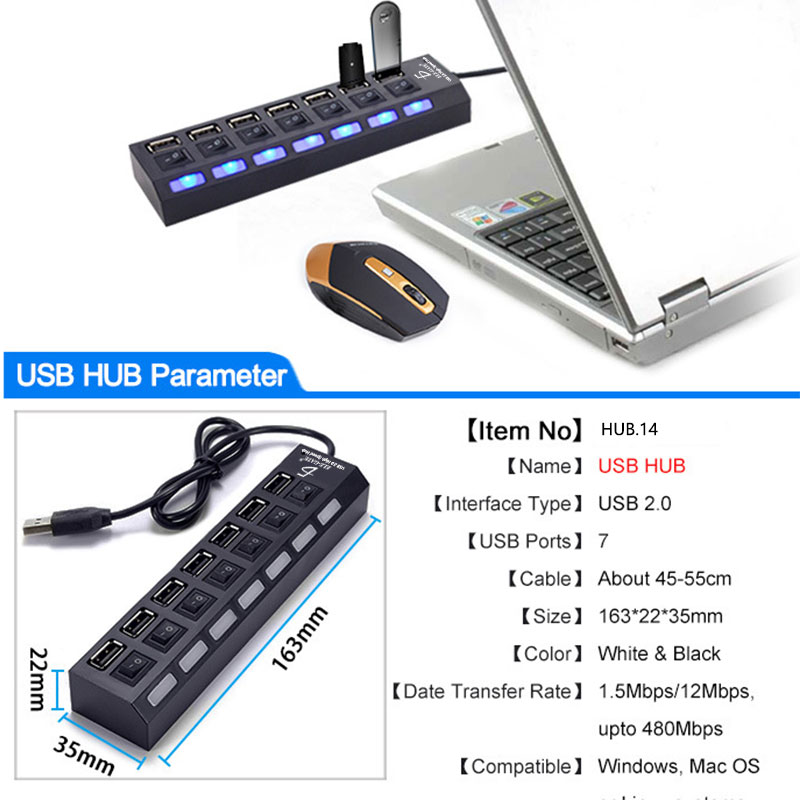 Hub Usb 2.0 4 Puertos Con Switchs Pc Laptop Windows Computadoras