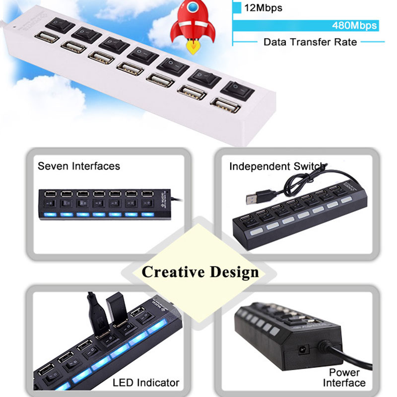 Hub Usb 2.0 4 Puertos Con Switchs Pc Laptop Windows Computadoras