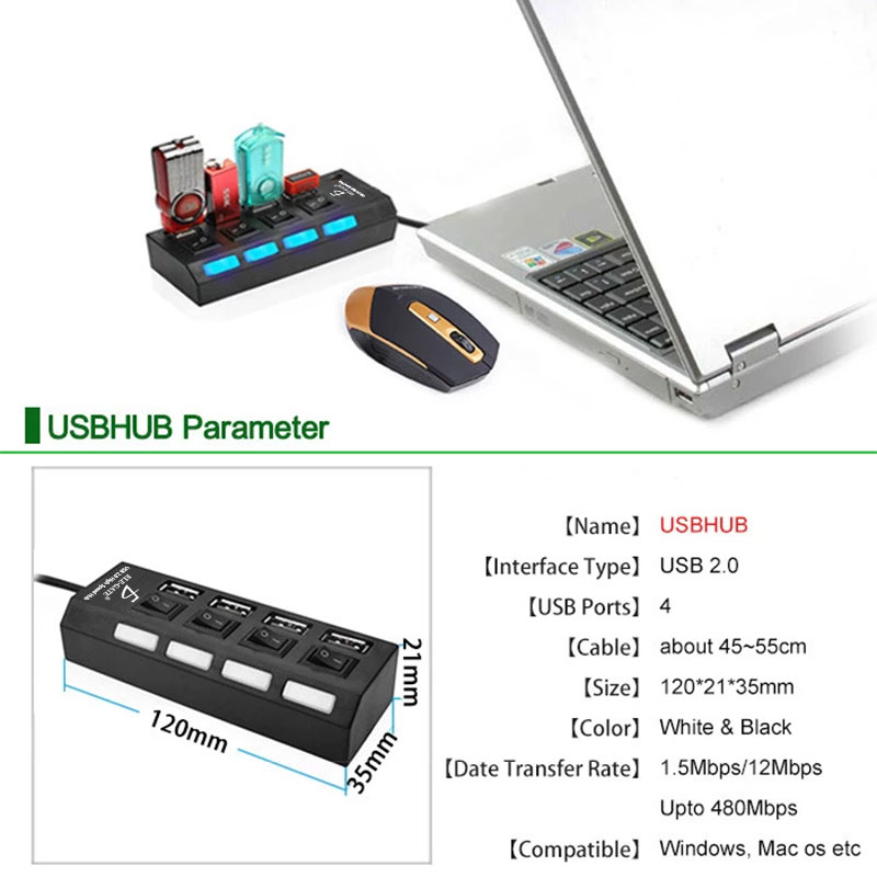 Hub Usb 2.0 4 Puertos Con Switchs Pc Laptop Windows Computadoras