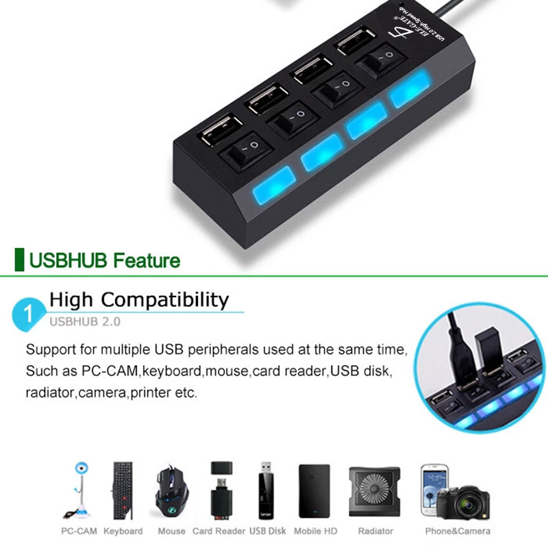 Hub Usb 2.0 4 Puertos Con Switchs Pc Laptop Windows Computadoras