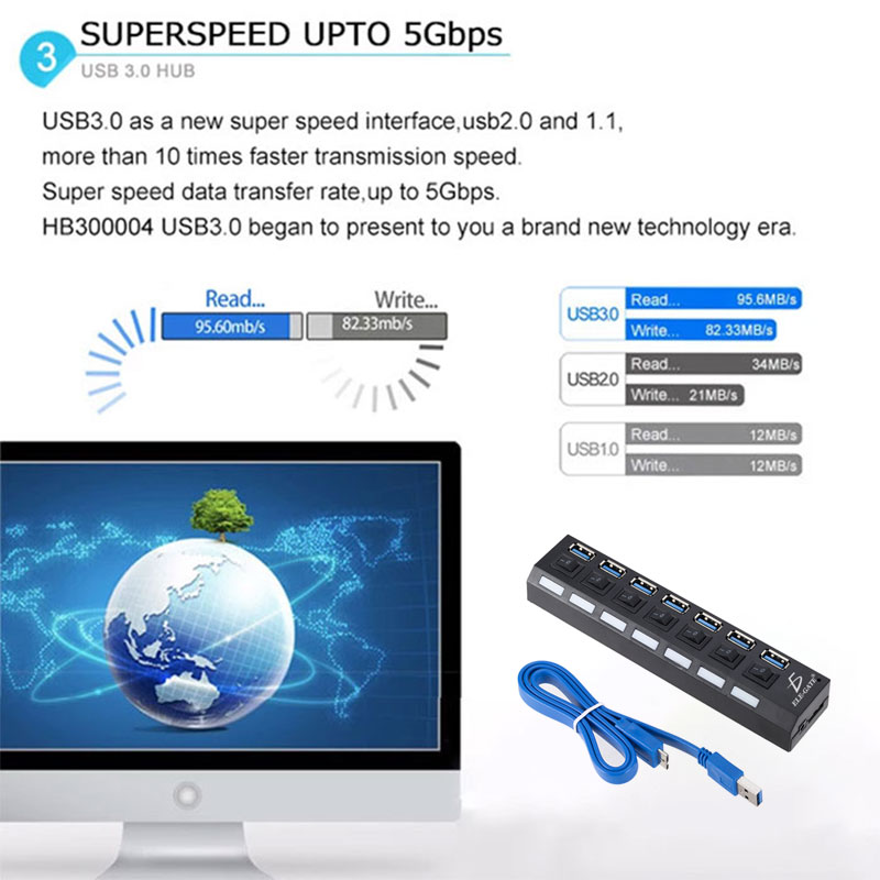 Hub Usb 3.0 Alta Velocidad 4 Puertos Multipuerto Switch Led