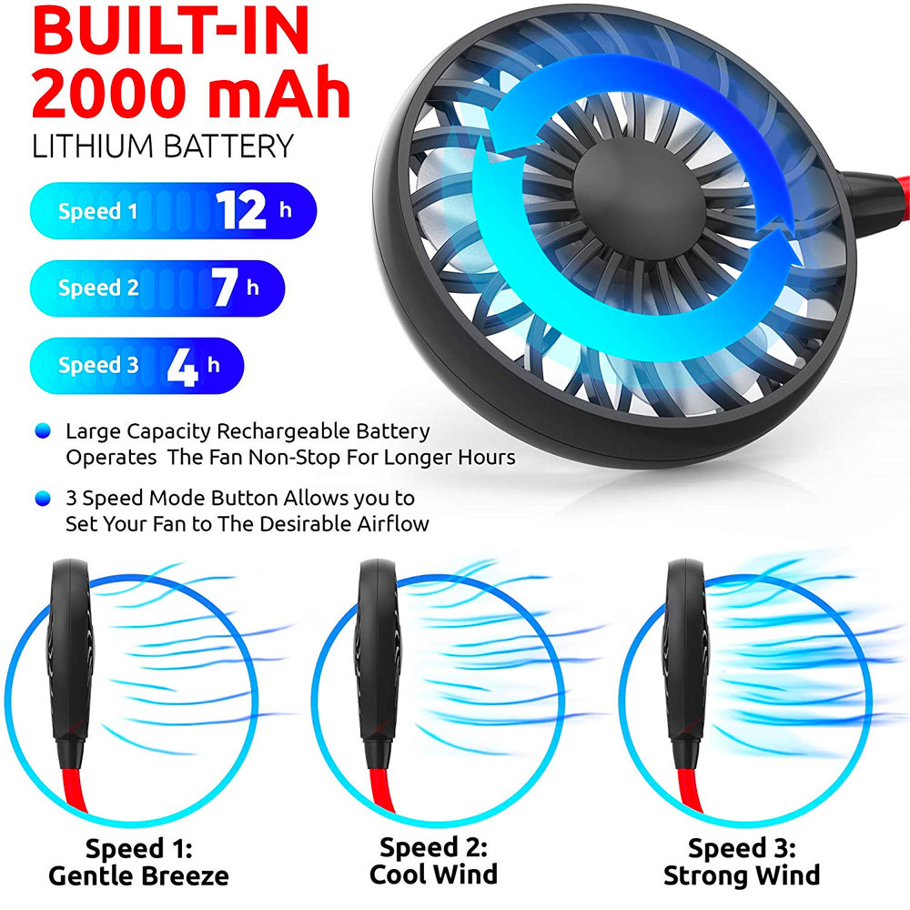 Ventilador Cuello 3 Velocidades Manos Libres Usb Recargable