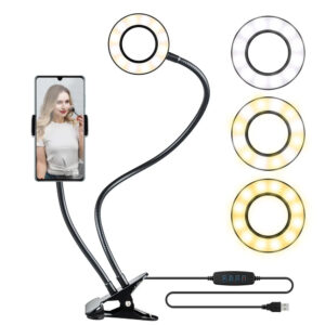 Aro con 3 tonos de luz cálida, neutra y cálida Diseño super ligero, ajustable, ideal para diversas actividades. ¡Captura las mejores selfis en cualquier posición con el porta celular y aro de luz que puede girar 360°! ¡Llévalo a todos lados! ¡Por su tamaño portátil te permite transportarlo fácilmente a donde quiera que vayas! De gran utilidad si deseas luz extra para tomar fotos, hacer videos, leer libros y transmitir en vivo. Controla manualmente el manejo y selección de la intensidad de la luz. Los soportes cuentan con una flexibilidad para acomodarlo de la manera que más te guste. El soporte de celular se abre de 5 hasta 8.5 cm, su pinza sujetadora permite un espesor de 7 cm máximo de grosor. Características Flexibilidad en soportes 3 tonos de luz cálida, neutra y cálida. Pinza sujetadora, espesor de 7 cm máximo El soporte se abre de 5 hasta 8.5 cm Control de luz, brillo, apagado y encendido Especificaciones *Alimentación: 100-240V *Tecnología: LED *Potencia: 12W *Longitud: Soporte celular 38cm, *Aro 63 cm, ancho de aro 9cm. INCLUYE 1 Aro de Luz 1Soporte de Pinza 1Soporte para Celular