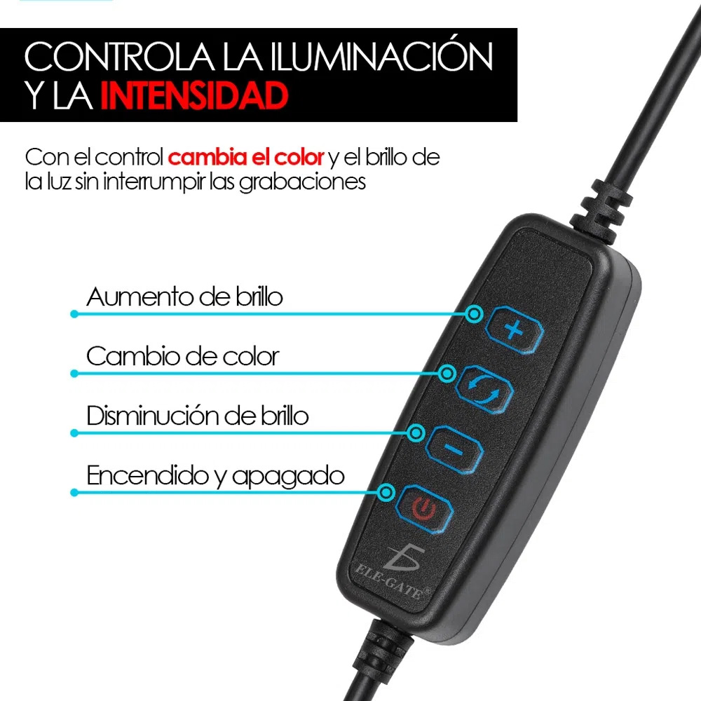 Aro con 3 tonos de luz cálida, neutra y cálida Diseño super ligero, ajustable, ideal para diversas actividades. ¡Captura las mejores selfis en cualquier posición con el porta celular y aro de luz que puede girar 360°! ¡Llévalo a todos lados! ¡Por su tamaño portátil te permite transportarlo fácilmente a donde quiera que vayas! De gran utilidad si deseas luz extra para tomar fotos, hacer videos, leer libros y transmitir en vivo. Controla manualmente el manejo y selección de la intensidad de la luz. Los soportes cuentan con una flexibilidad para acomodarlo de la manera que más te guste. El soporte de celular se abre de 5 hasta 8.5 cm, su pinza sujetadora permite un espesor de 7 cm máximo de grosor. Características Flexibilidad en soportes 3 tonos de luz cálida, neutra y cálida. Pinza sujetadora, espesor de 7 cm máximo El soporte se abre de 5 hasta 8.5 cm Control de luz, brillo, apagado y encendido Especificaciones *Alimentación: 100-240V *Tecnología: LED *Potencia: 12W *Longitud: Soporte celular 38cm, *Aro 63 cm, ancho de aro 9cm. INCLUYE 1 Aro de Luz 1Soporte de Pinza 1Soporte para Celular
