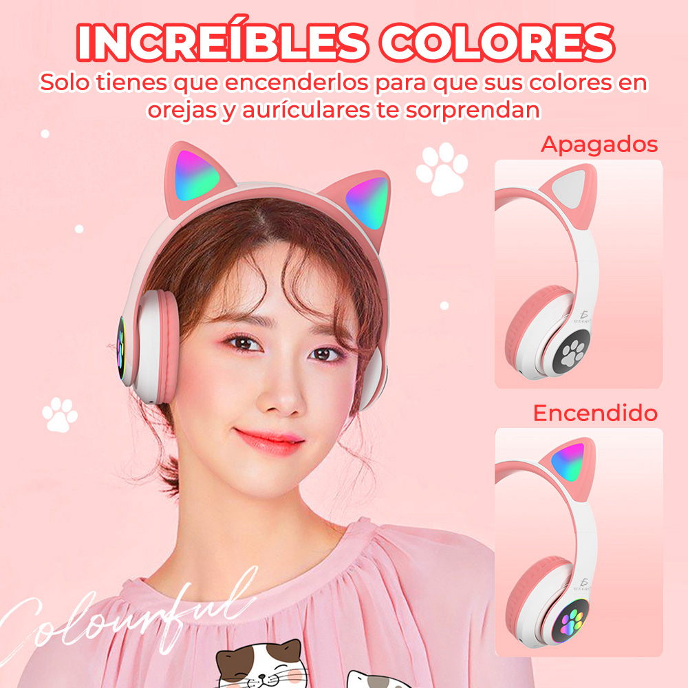 Diadema Gato Bluetooth Auriculares Colorido Led Luminoso