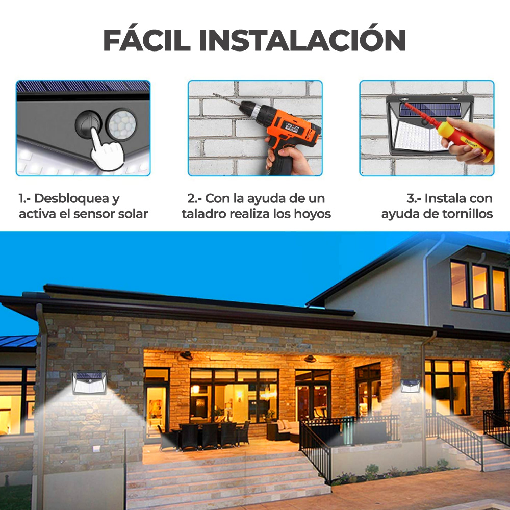 Lámpara Solar 100 Leds Sensor Movimiento Exterior