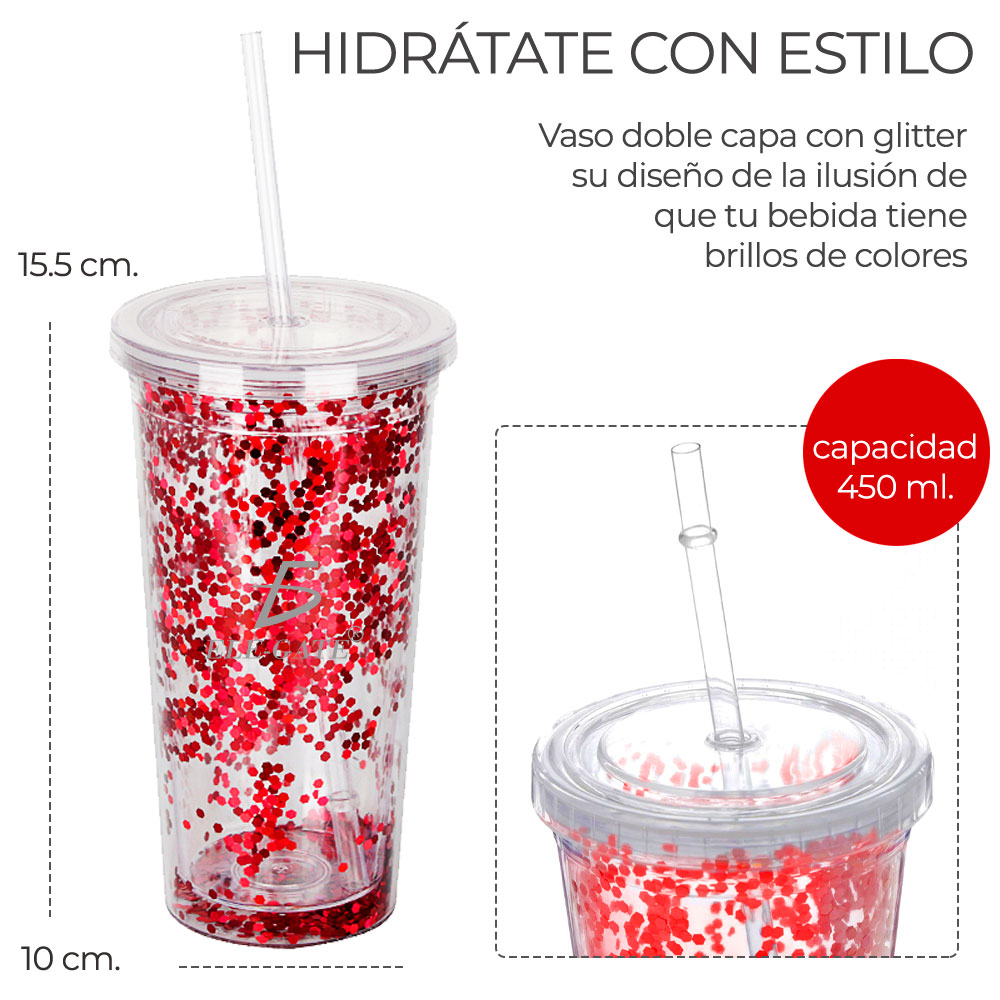Vaso Termo Acrilico Glitter Tornasol 420 ML Con Popote