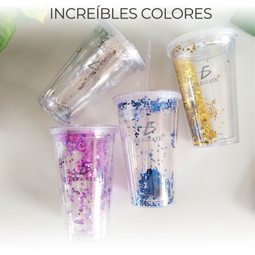 Vaso Termo Acrilico Glitter Tornasol Con Popote
