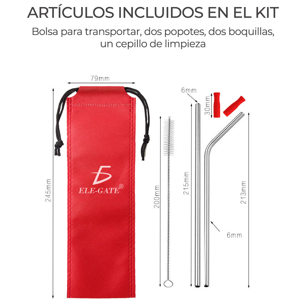 2 Popotes Y 1 Cepillos Acero Inoxidable Metal 21 Cm