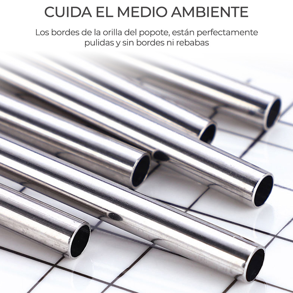 2 Popotes Y 1 Cepillos Acero Inoxidable Metal 21 Cm