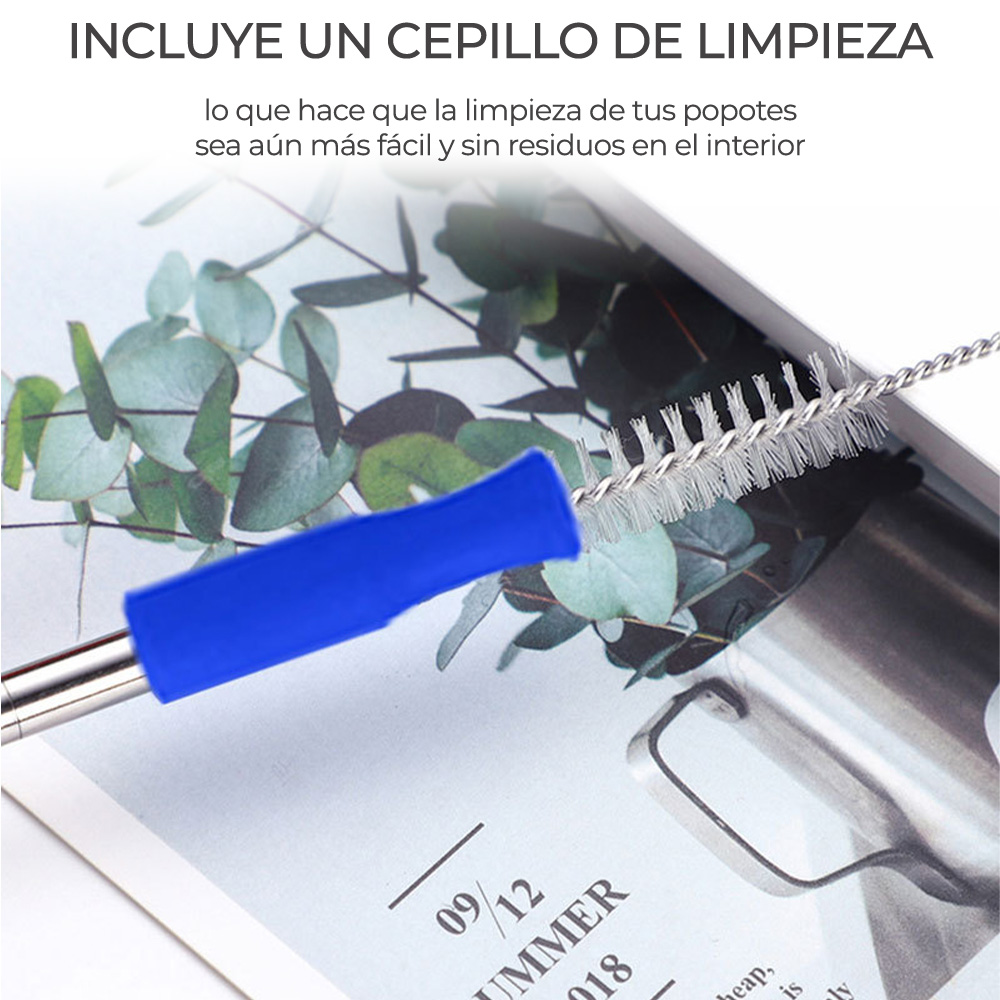 2 Popotes Y 1 Cepillos Acero Inoxidable Metal 21 Cm