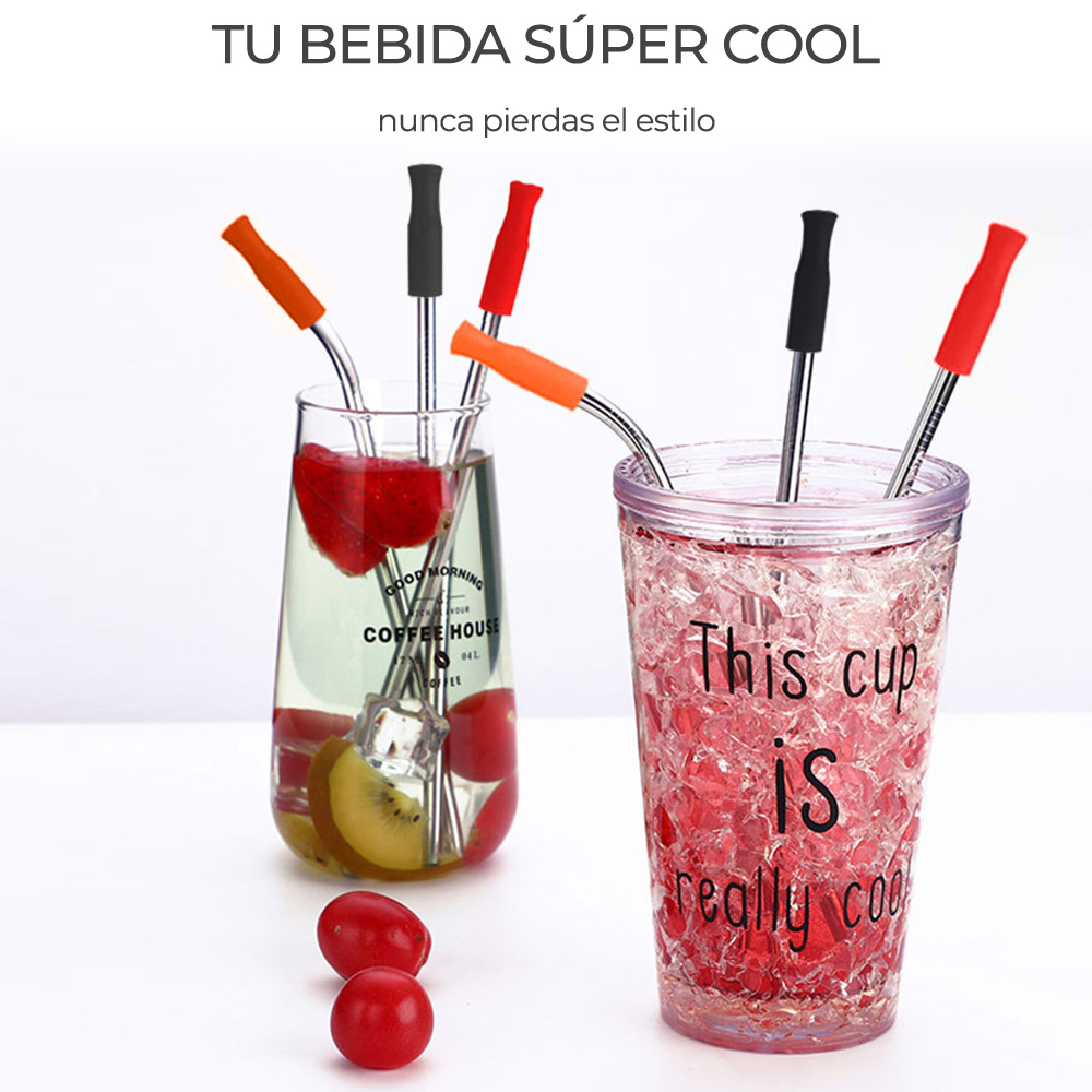 2 Popotes Y 1 Cepillos Acero Inoxidable Metal 21 Cm