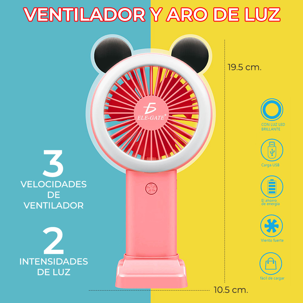 Mini Ventilador Recargable Con Luz RGB Forma de Mickey