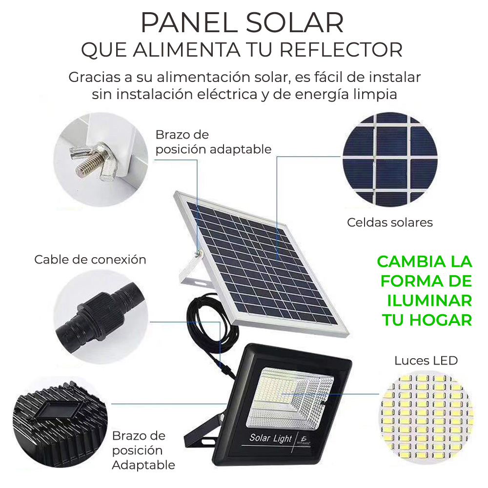 Reflector Led 300w C/ Panel Solar-control Luz Blanca Exterior