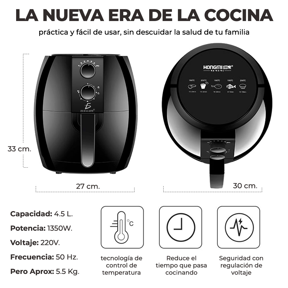 Freidora Eléctrica de Aire Multifunción para Alimentos 4.5 L