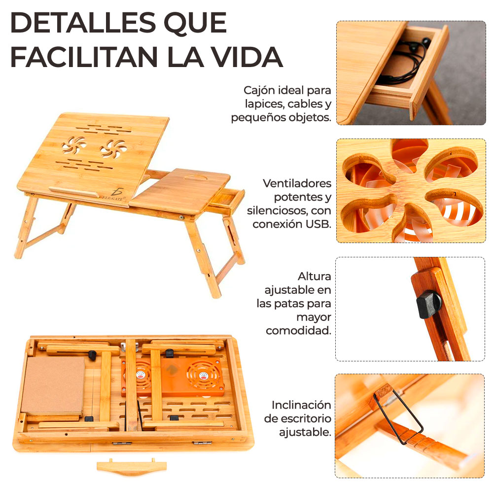 Mesa De Cama Bambu Base Enfriadora Para Laptop 2 Ventiladore