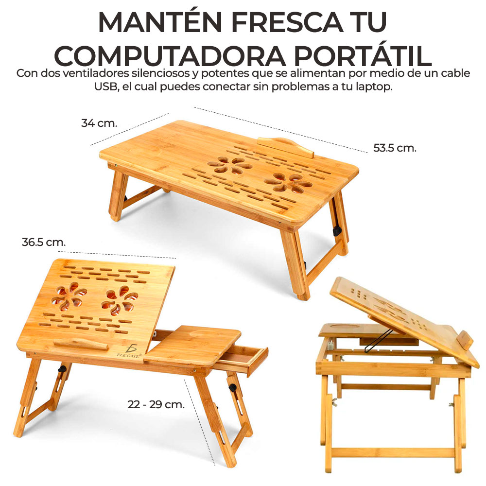 Mesa De Cama Bambu Base Enfriadora Para Laptop 2 Ventiladore