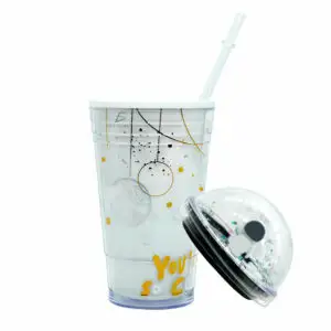 Vaso Con Popote Y Tapa De Cúpula Con Planeta Cósmico Resistente