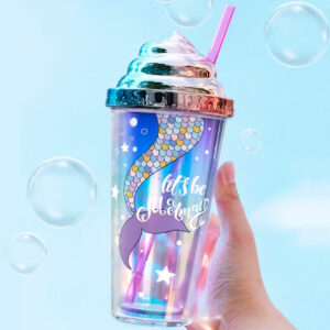 Vaso Resistente Con Popote Y Tapa De Cúpula Con Sirena