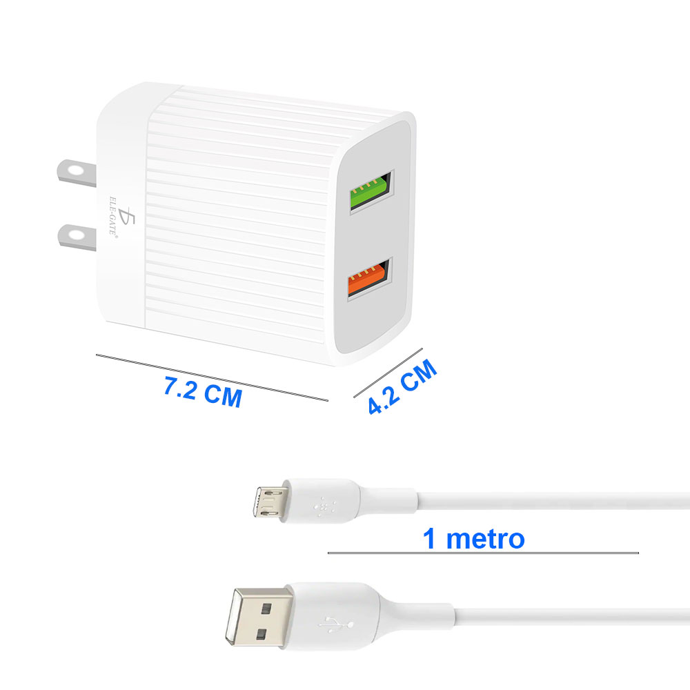 Cargador QC 3.0 Rápido para Celular Android 2 USB 2.4A 24W Con Cable de Micro V8 - Image 3