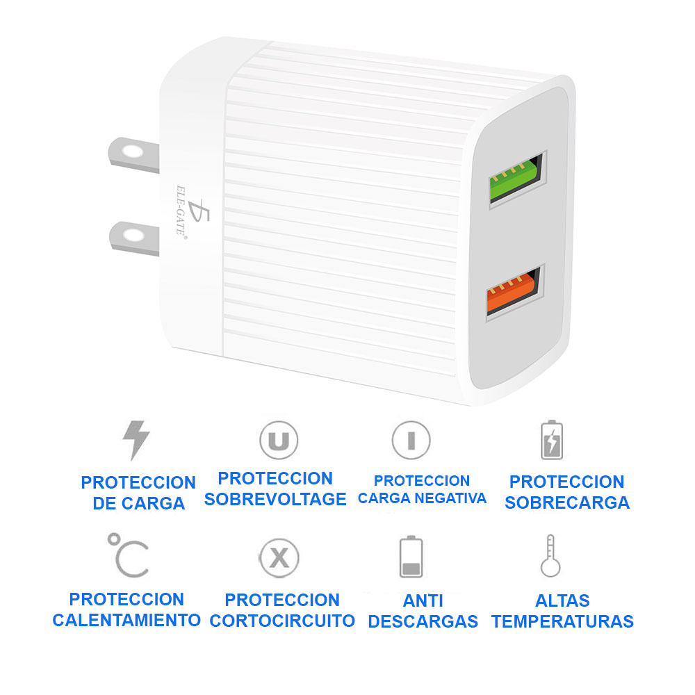 Cargador QC 3.0 Rápido para Celular Android 2 USB 2.4A 24W Con Cable de Micro V8 - Image 2