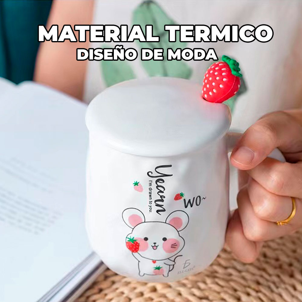 Taza de Cerámica Con Dibujo de Ratón Tapa Y Agitador