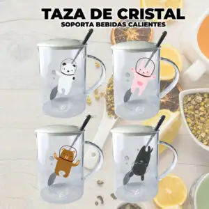 Taza de Cristal Con Animalitos Diseños Divertidos Con Tapa Y Cuchara