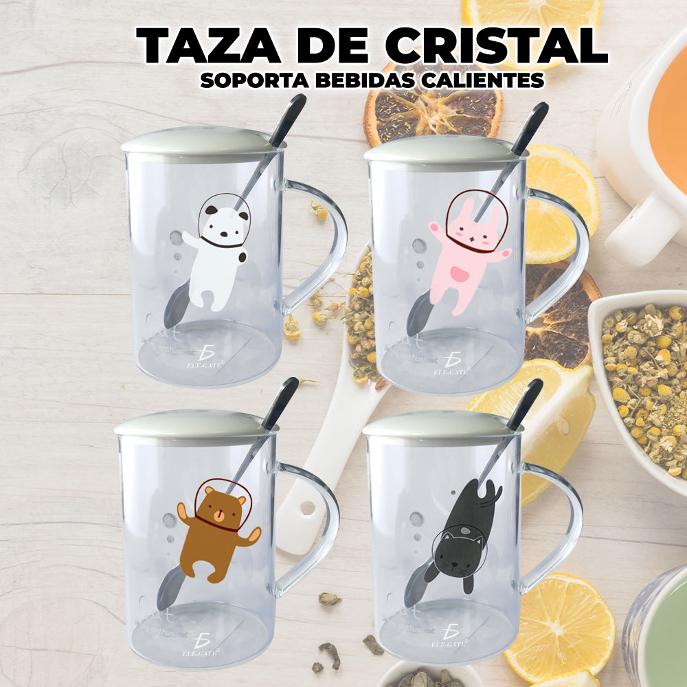 Taza de Cristal Con Animalitos Diseños Divertidos Con Tapa Y Cuchara