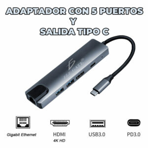 Adaptador con 5 puertos y salida tipo-c Con Cargar Rapida 100W