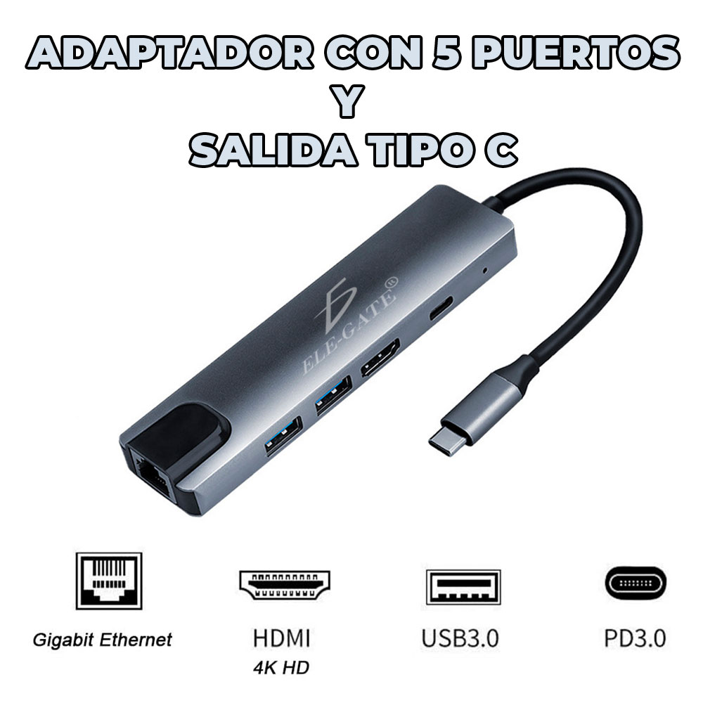 Adaptador con 5 puertos y salida tipo-c Con Cargar Rapida 100W