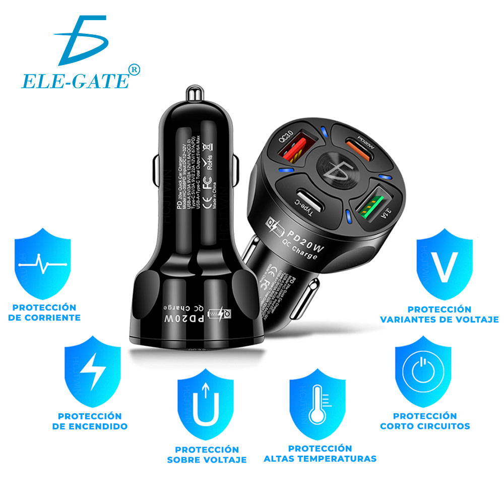 Multicargador para Automovil Coche QC3.0 PD 20W USB3.1A Tipoc 4 en 1 - Image 3