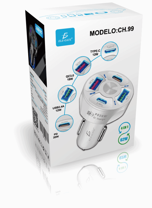 Multicargador para Automovil Coche QC3.0 PD 20W USB3.1A Tipoc 4 en 1 - Image 5