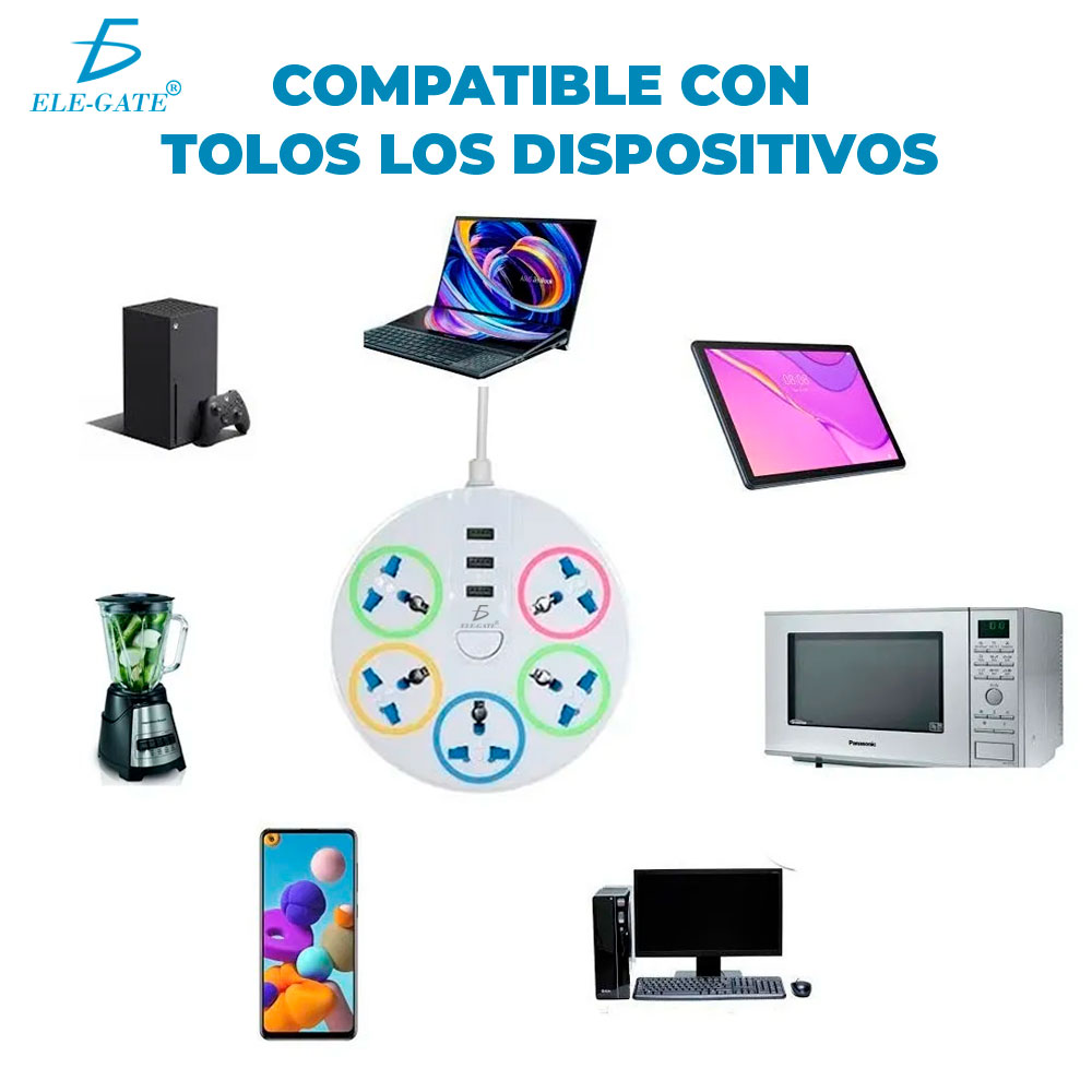 Multicontacto Circular Multiusos 5 Contactos + 3 Puertos Usb