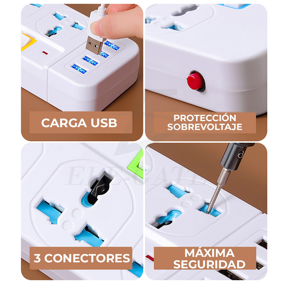 Regleta de alimentación de Escritorio con 3 Tomas de Corriente 4 Puertos de Carga USB - Image 5