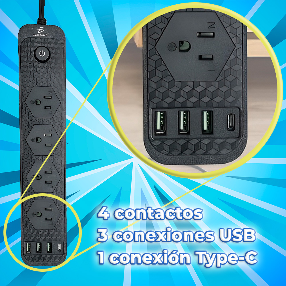Multicontacto de alimentación universal con 4 clavijas y 3 puertos USB y 1 tipo C - Image 3