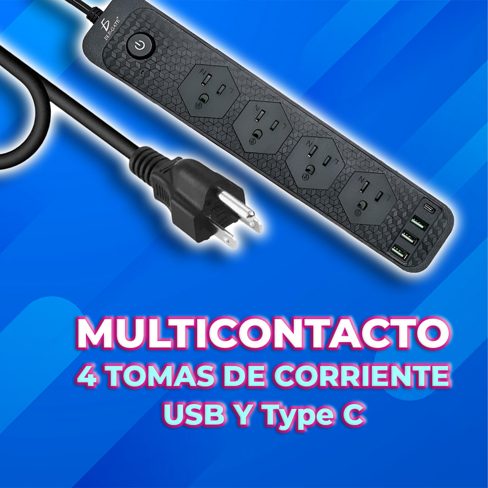 Multicontacto de alimentación universal con 4 clavijas y 3 puertos USB y 1 tipo C