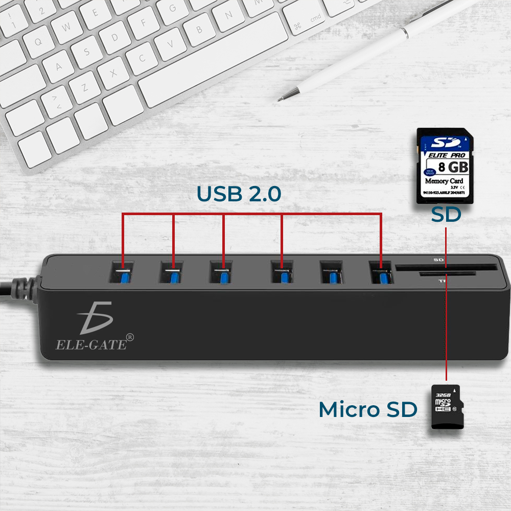 Concentrador de Puertos USB 2.0 de 6 Puertos con Extensión de Cable, Lectores de Tarjetas SD/TF - Image 4