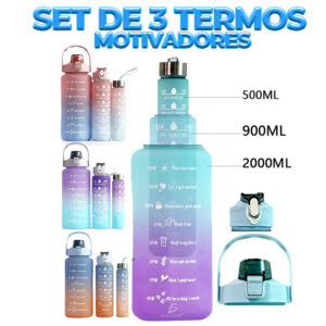 Botellas Vasos 3en Trio Motivacional Agua Popote Gym