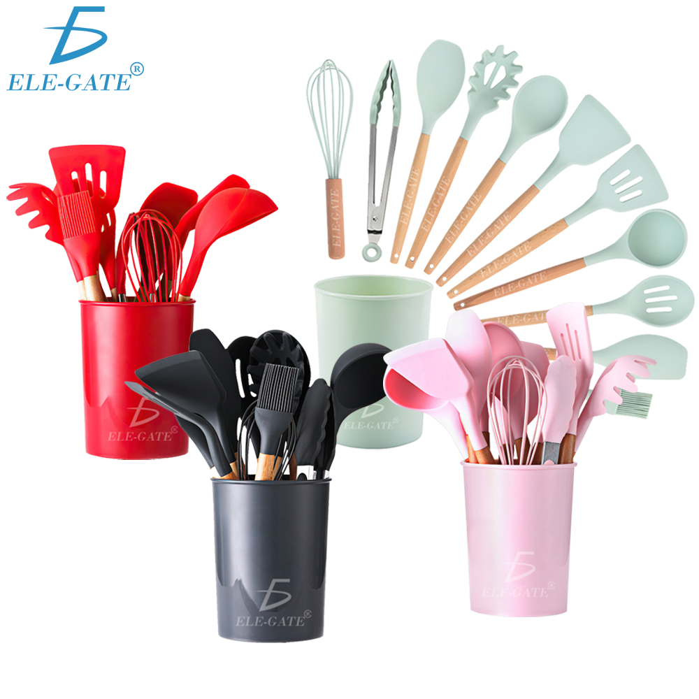 Utensilios de Cocina Mango de Silicona Y Madera 12PCS