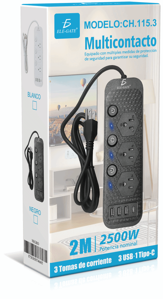 Multicontacto de Alimentación Universal – 3 Clavijas, 3 Puertos USB y 1 Puerto Tipo C para Carga Rápida y Segura - Image 5