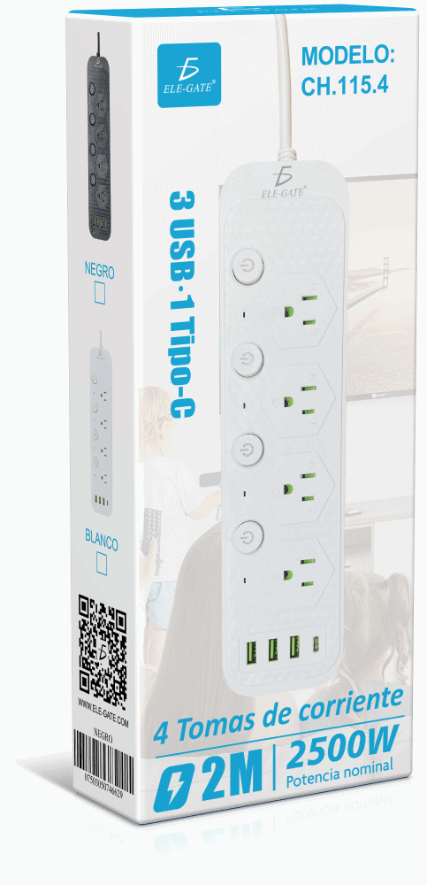 Multicontacto de Alimentación Universal – 4 Clavijas, 3 Puertos USB y 1 Puerto Tipo C para Carga Rápida y Segura - Image 7