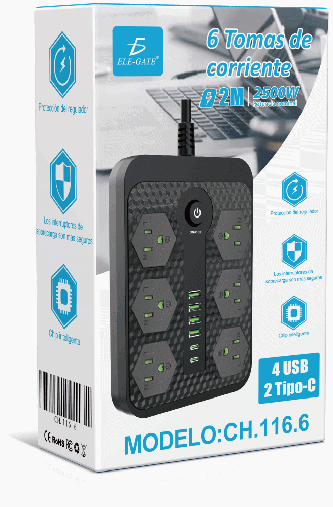 Multicontacto de Alimentación Universal – 6 Clavijas, 4 Puertos USB y 2 Puertos Tipo C para Carga Rápida y Segura - Image 5