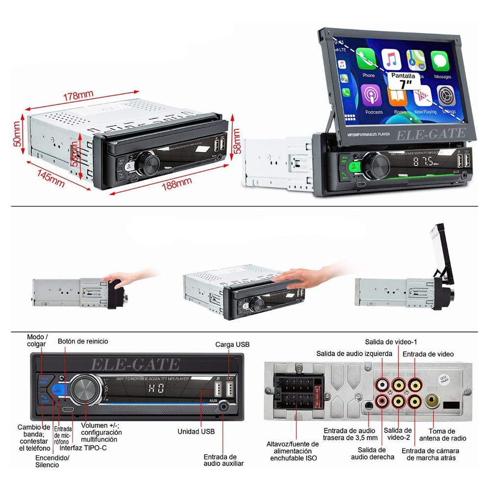Autoestéreo 1DIN con Mirrorlink, Pantalla Táctil Retráctil HD de 7 pulgadas, GPS y Soporte Multilingüe - Image 3