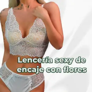 Juego de Lencería con Encaje de Flores color Blanco