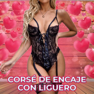 Corsé de Encaje con Cordón Ajustable Frontal con Liguero y un Par de Medias